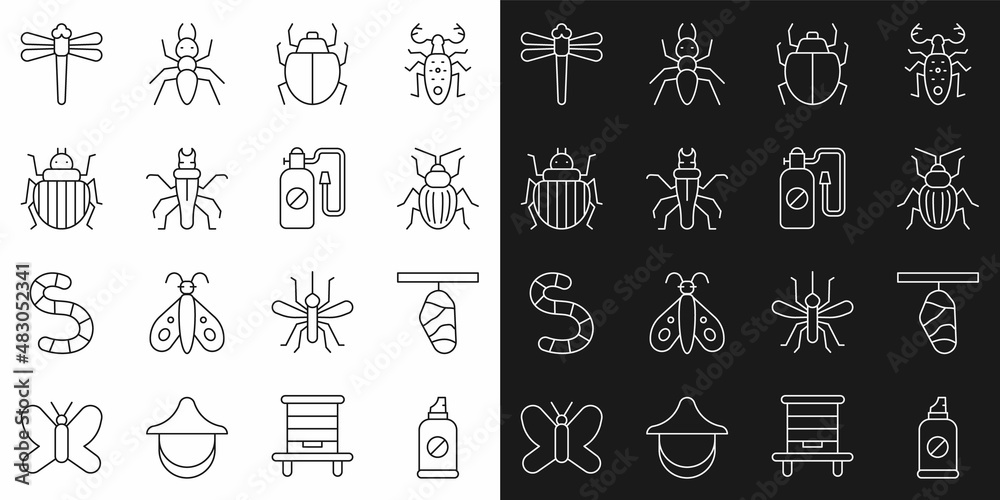 Set line Spray against insects, Butterfly cocoon, Chafer beetle, Mite, Termite, Colorado, Dragonfly and Pressure sprayer icon. Vector