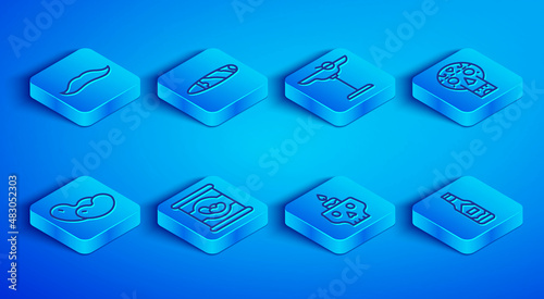 Set line Mustache, Cigar, Margarita cocktail, Beans in can, Burning candle on skull, Mexican, and Tabasco sauce icon. Vector