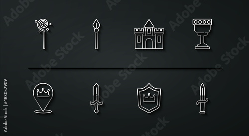 Set line Magic staff, Location king crown, Medieval goblet, Shield with, sword, spear, Dagger and Castle, fortress icon. Vector