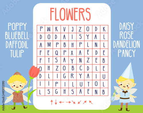 Educational game for children. Word search puzzle. Learn names of flowers for kids and toddlers