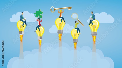 Inspired cooworkers. Flying on light bulb rockets. Vector illustration. Dimension 16:9.