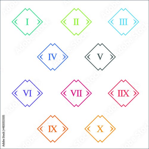 Colorful info-graphic roman numbers can be use to create presentation. Bullet points roman numbers one to ten. Oval shape vector numbers.