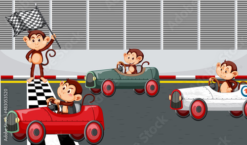Race track scene with monkey racing drivers