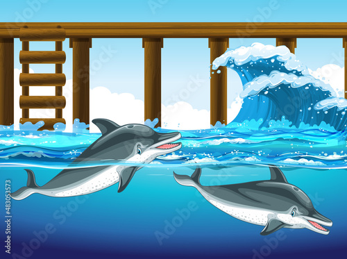 Dolphin swimming in the water with wooden pier