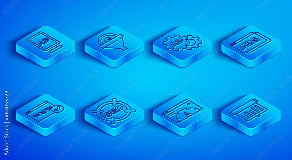 Set line Advertising, Lead management, SEO optimization, Website statistic, template and Board with graph chart icon. Vector Set line Advertising, Lead management, SEO optimization, Website statistic, template and Board with graph chart icon. Vector