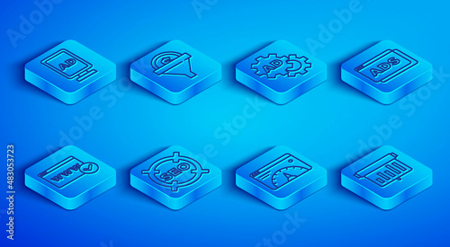Set line Advertising, Lead management, SEO optimization, Website statistic, template and Board with graph chart icon. Vector