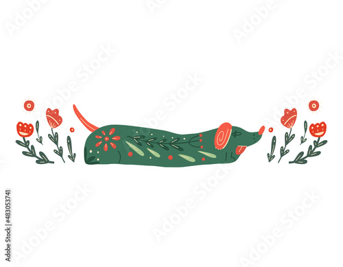 Vector postcard with a dog and a floral pattern. Stylized dachshund with folk art. Clipart with stylized purebred puppy and boho decoration. Original text delimiter photo