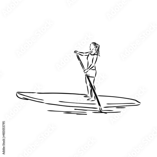 Stand up paddle surfing, boarding. Single female surfer with paddle. Surfrider girl on board. Paddleboarding, SUP fitness. fitness illustration. Abstract isolated contour of surfboarder.