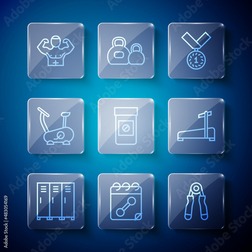 Set line Locker or changing room, Calendar fitness, Sport expander, Medal, Anabolic drugs, Stationary bicycle, Bodybuilder muscle and Treadmill machine icon. Vector