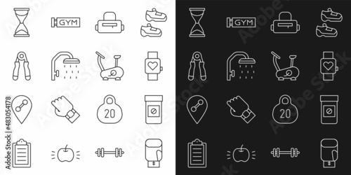 Set line Boxing glove, Anabolic drugs, Smart watch, Sport bag, Shower head, expander, Old hourglass and Stationary bicycle icon. Vector