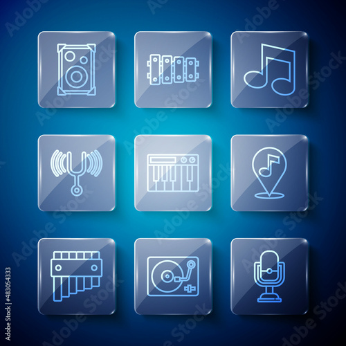 Set line Pan flute, Vinyl player with vinyl disk, Microphone, Music note, tone, synthesizer, Musical tuning fork, Stereo speaker and Location musical icon. Vector