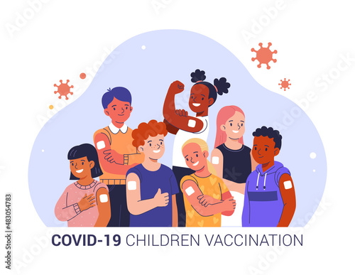 COVID-19 Children Vaccination concept. Vector cartoon illustration of diverse smiling school-age children in casual clothes with patches on their shoulders, standing together. Isolated on background
