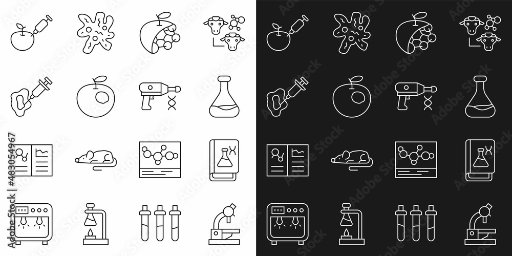 Set line Microscope, Genetic engineering book, Test tube and flask, Biological structure, Genetically modified apple, Syringe, and Transfer liquid gun icon. Vector
