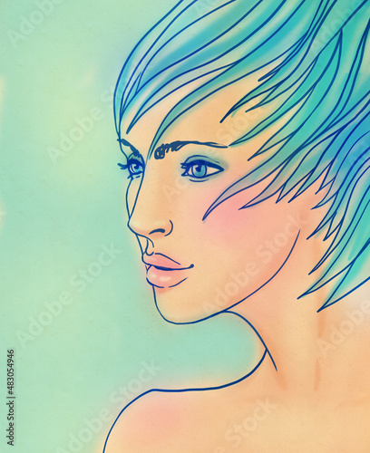 Winter pretty girl. Profile view. Illustration.
