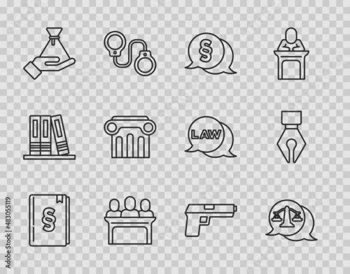 Set line Law book, Scales of justice, Jurors, Bribe money bag, pillar, Pistol gun and Fountain pen nib icon. Vector