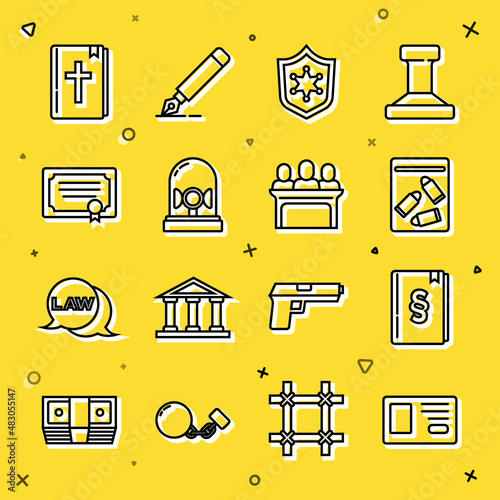 Set line Identification badge, Law book, Evidence bag and bullet, Police, Flasher siren, Certificate template, Holy bible and Jurors icon. Vector