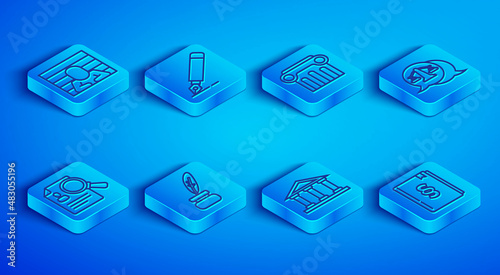 Set line Prisoner, Fountain pen nib, Law pillar, Feather and inkwell, Courthouse building, Scales of justice, Paper analysis magnifying and book icon. Vector