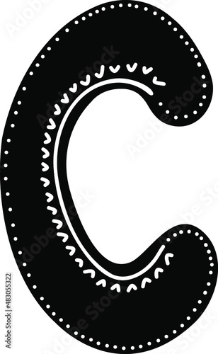 Latin letter "C". Vector black illustration isolated on a white background. Scandinavian style. Beautiful font, template, element, logo, alphabet.