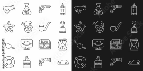 Set line Pirate bandana for head  Gun powder barrel  hook  Vintage pistols  Skull  Starfish  Cannon and Smoking pipe icon. Vector