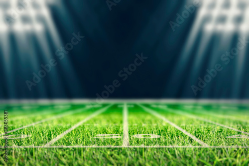 Perspective of football field. Football stadium with white lines marking the pitch. Perspective elements.Ragby football field with white lines marking the pitch. 3d illustration.
