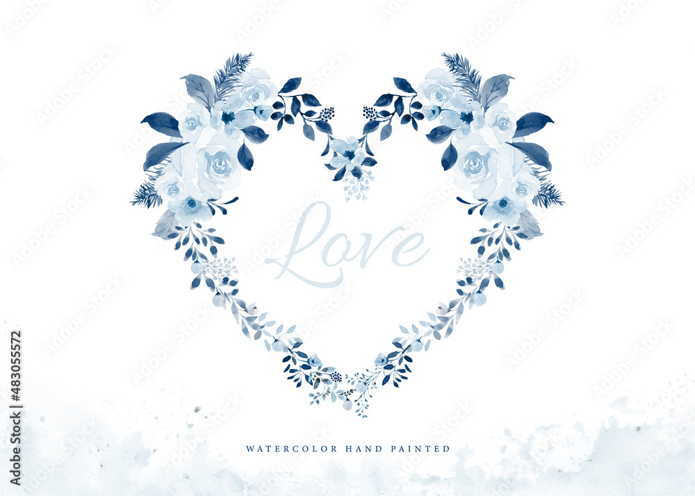 Watercolor bouquet of blue flowers decorated as a heart-shaped wreath