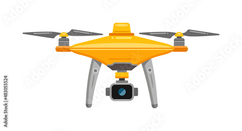 Drone, yellow. Photo and video shooting from a drone. Quadcopter with camera. Vector illustration