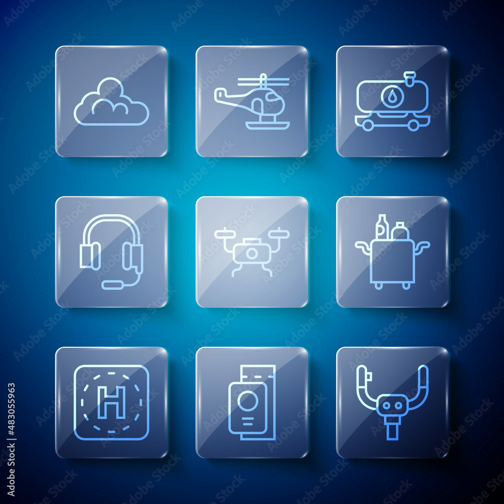 Set line Helicopter landing pad, Passport with ticket, Aircraft steering helm, Fuel tanker truck, Drone flying, Headphones microphone, Cloud weather and Trolley for food icon. Vector Set line Helicopter landing pad, Passport with ticket, Aircraft steering helm, Fuel tanker truck, Drone flying, Headphones microphone, Cloud weather and Trolley for food icon. Vector