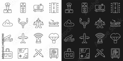 Set line Radar with targets on monitor, Box flying parachute, Plane landing, Fuel tanker truck, Aircraft steering helm, Cloud weather, Pilot and Jet fighter icon. Vector