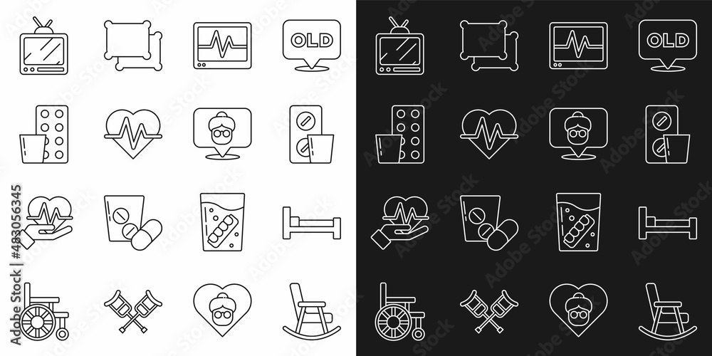 Set line Rocking chair, Bed, Pills blister pack, Monitor with cardiogram, Heart rate, Retro tv and Nursing home icon. Vector