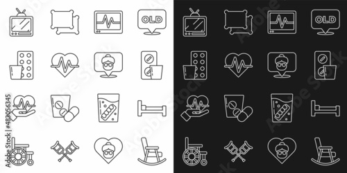Set line Rocking chair, Bed, Pills blister pack, Monitor with cardiogram, Heart rate, Retro tv and Nursing home icon. Vector