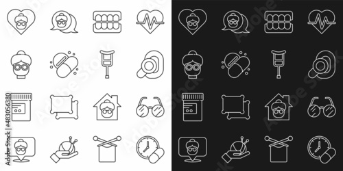 Set line Medicine pill or tablet, Eyeglasses, Hearing aid, False jaw, Grandmother, and Crutch crutches icon. Vector