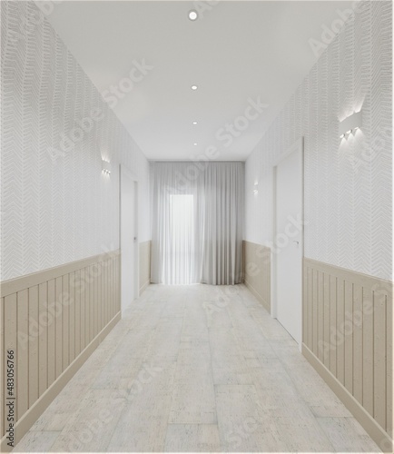 renovation and modern interior design, corridor design in light shades, beige corridor with wooden trim, white shades in a two-story house, renovation with wooden panels, wooden planks, parquet on the
