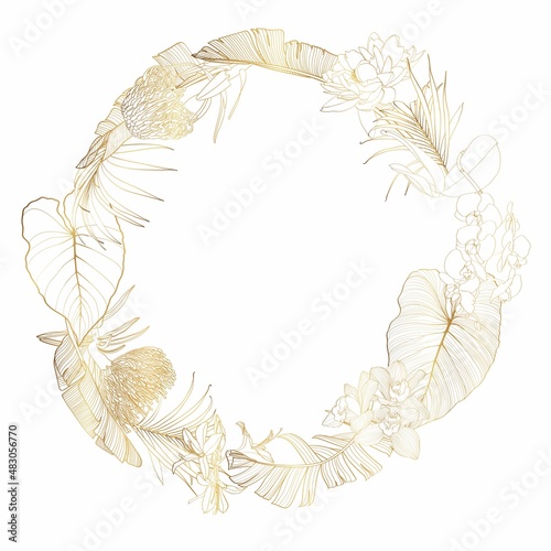Card with golden round frame of tropical flowers and leaves on a white background. Victorian style. 