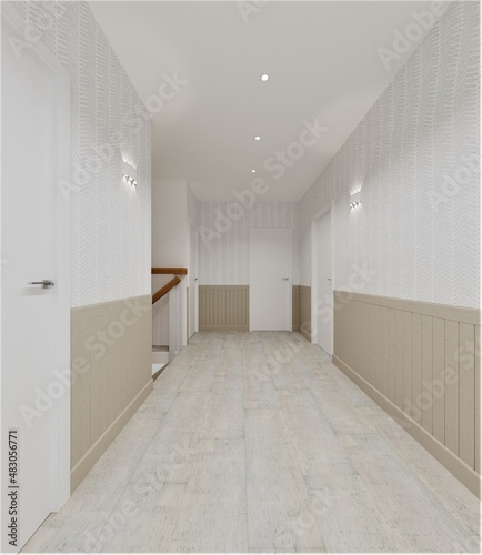 renovation and modern interior design  corridor design in light shades  beige corridor with wooden trim  white shades in a two-story house  renovation with wooden panels  wooden planks  parquet on the