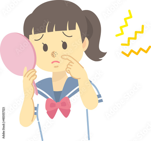 イラスト素材：お肌トラブルに悩むセーラー服の女子学生（毛穴の黒ずみ/上半身）
