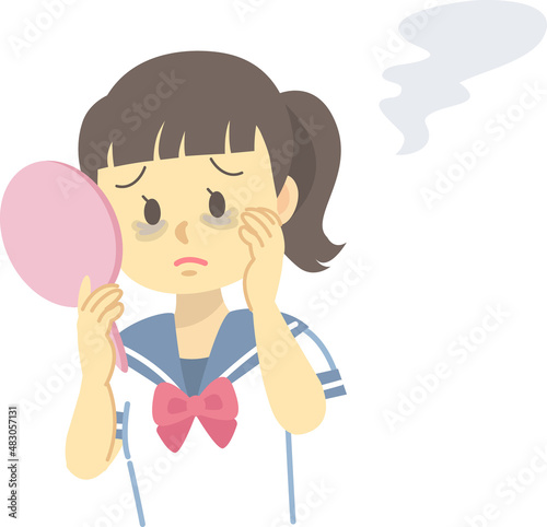 イラスト素材：お肌トラブルに悩むセーラー服の女子学生（目の下のクマ/上半身）
