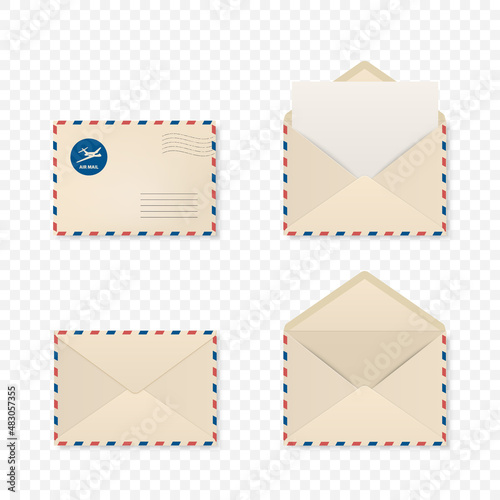 Vector 3d Realistic Open, Closed White Envelope Set. Isolated Envelopes. Blank, Empty Paper Sheet, Invitation, Message, Letter, Document. Design Template for Mockup. Envelope Closeup, Top View