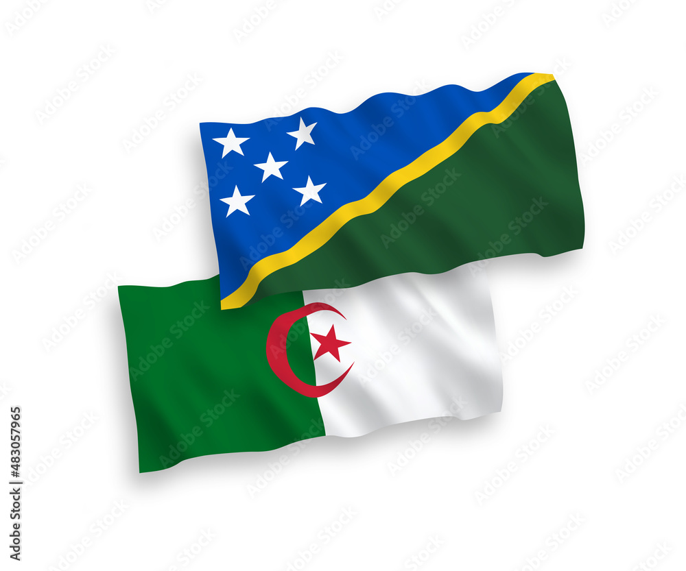 National vector fabric wave flags of Solomon Islands and Algeria isolated on white background. 1 to 2 proportion.