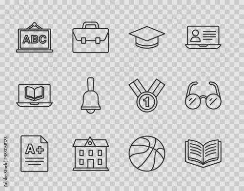Set line Exam sheet with A plus grade, Open book, Graduation cap, School building, Chalkboard, Ringing bell, Basketball ball and Glasses icon. Vector