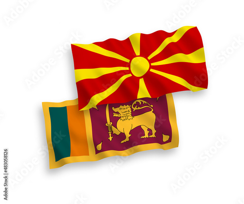 National vector fabric wave flags of Sri Lanka and North Macedonia isolated on white background. 1 to 2 proportion.