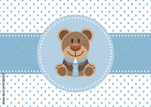 Karte Teddy Mit Flasche Baby Junge Retroblau Punkte