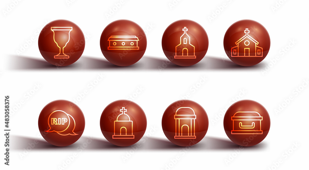 Set line Christian chalice, Speech bubble rip death, Church building, Old crypt, Coffin with cross, and icon. Vector Set line Christian chalice, Speech bubble rip death, Church building, Old crypt, Coffin with cross, and icon. Vector