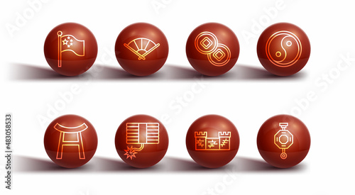 Set line China flag on flagpole, Japan Gate, Yin Yang, Great wall of, Firework, Chinese japanese folding fan, paper lantern and Yuan currency icon. Vector
