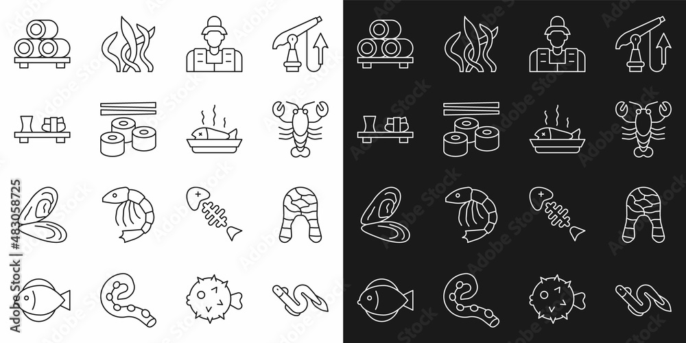 Set line Eel fish, Fish steak, Lobster, Fisherman, Sushi, on cutting board, and Served plate icon. Vector