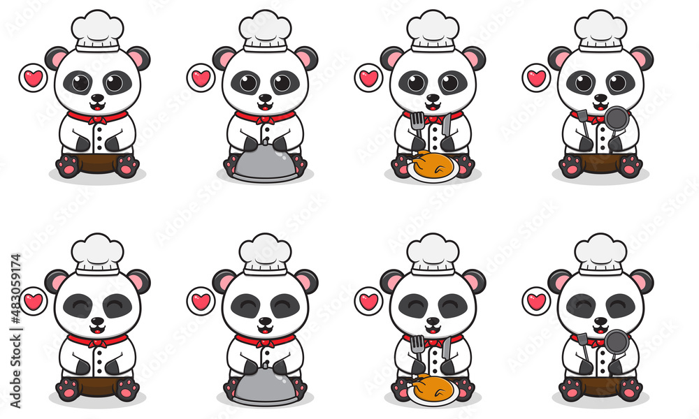 Obraz premium Vector Illustration of Cute Panda siting with Chef costume. Set of cute smile Panda characters. Flat icons in cartoon style.