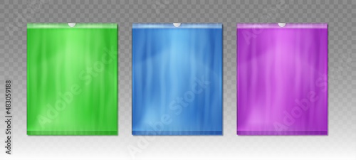 Set of colorful plastic bags for trash and garbage. Vector realistic mockup of polyethylene trashbag isolated on transparent background.
