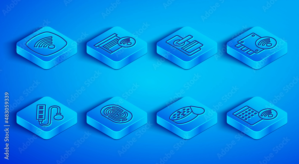 Set line Wi-Fi wireless internet network, Smart garage, Digital door lock, Fingerprint, Water sensor, Electric extension cord and Air humidifier icon. Vector Set line Wi-Fi wireless internet network, Smart garage, Digital door lock, Fingerprint, Water sensor, Electric extension cord and Air humidifier icon. Vector