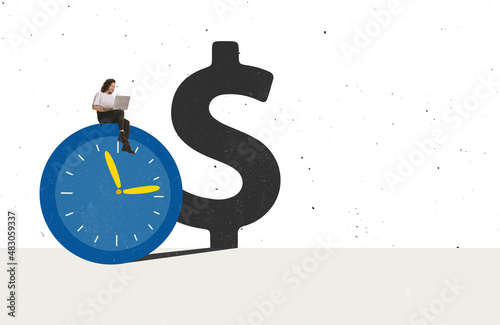 Conemporary art collage. Businesswoman sitting on clock and working with laptop photo