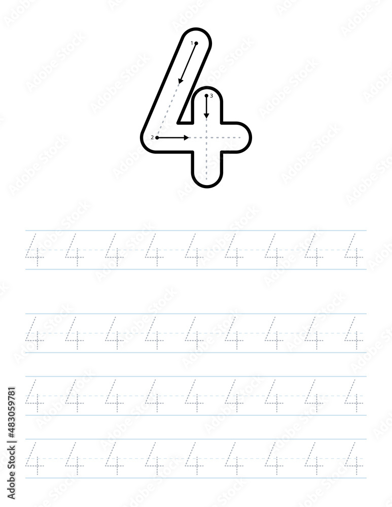 Trace number 4 worksheet for kids and preschool with tracing guide ...