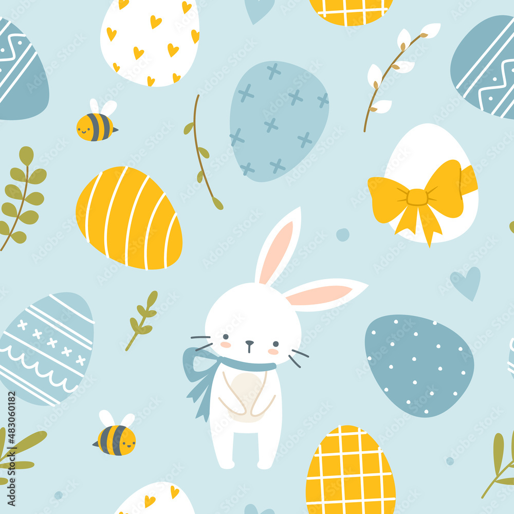 Fototapeta premium Easter doodle pattern with painted eggs , bunny and bee. Baby seamless print for fabric, textile, nursery, paper.